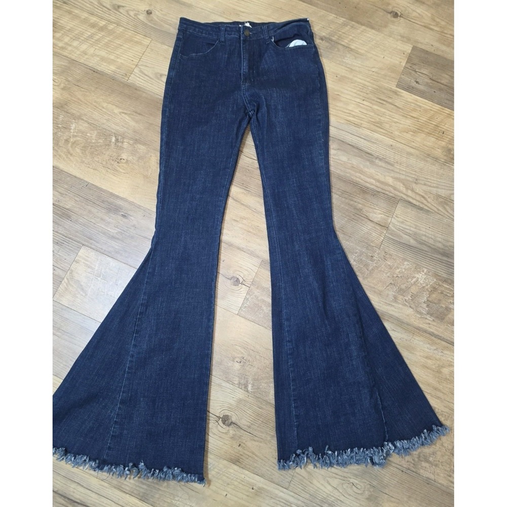 Altar'd State Womens Bell Bottom Flare Jeans Dark Wash Frayed Hem Size L 28x35
